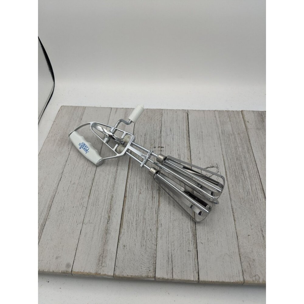America Cooks Egg Beater Mixer White Handles Stainless Steel 10"